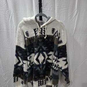 Andean-Pattern Hooded Zip Jacket in Cream, Black & Blue